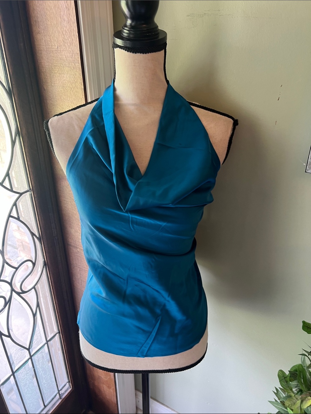 Sleeveless Teal Cowl Neck Halter Top